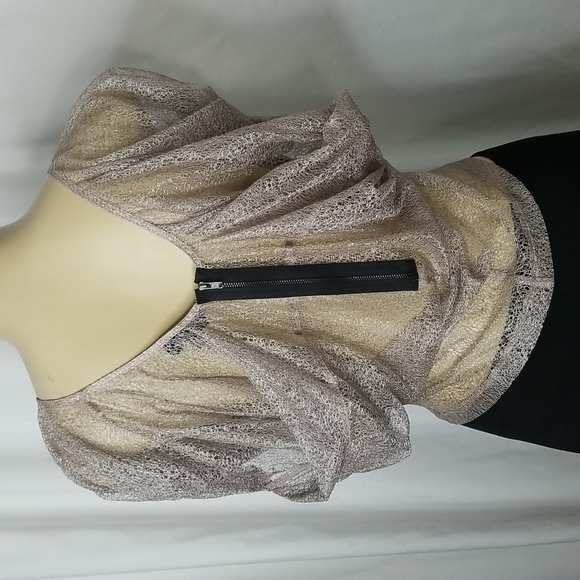 TOP SHOP TAUPE LACE CROP TOP WITH RUFFLED SLEEVES SIZE 6 ZIPPER BACK - Picture 7 of 8